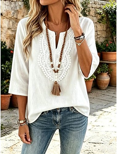  Dames Overhemd Boho-shirt Kanten overhemd Elegant Bohemen Vakantie 3/4 mouw Lange tops Casual Dagelijks Feestdagen blauw Wit Khaki Blozend Roze Rood Zomer Lente