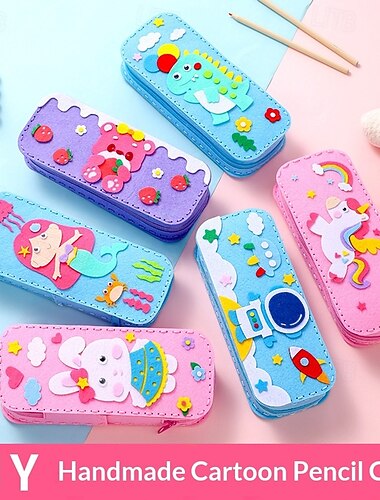  Confezione da 6 astucci per matite fai da te fatti a mano con personaggi dei cartoni animati per bambini, kit di cucito per astucci in feltro con dinosauri, unicorni e sirene, arte per bambini