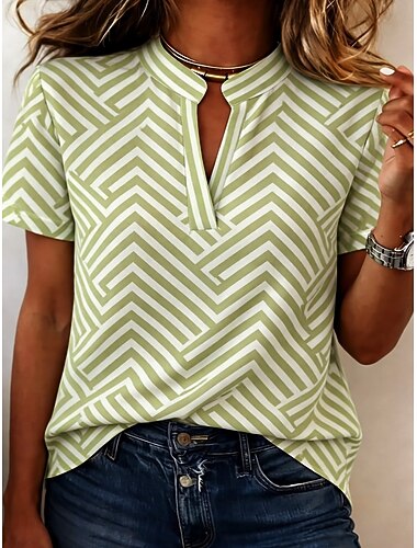  Dam Blus Knappar Mönster Grafisk Geometrisk Vintage Stylish Modern Kortärmad Tröjkrage Vanliga toppar Ledigt Dagligen Blå Vit Gul Ljusgrön Rodnande Rosa Sommar Vår