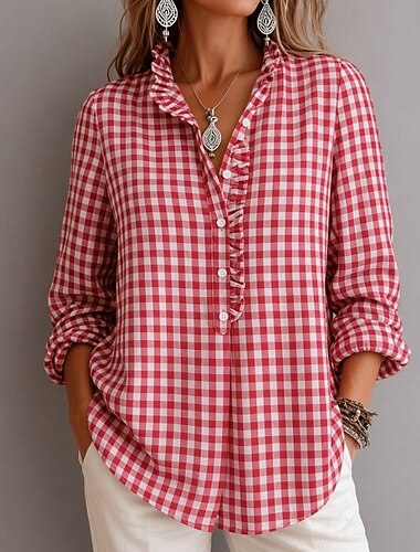  Dames Overhemd Ruitjes Elegant Vakantie Dagelijks Lange mouw Lange tops Casual Dagelijks Feestdagen blauw Khaki Zwart Rood Lente Herfst