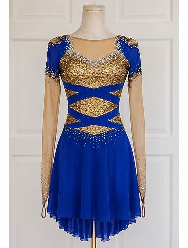  Abito da pattinaggio artistico Per donna Pattinaggio sul ghiaccio Vestito Blu Reale Patchwork Foro per il pollice Elasticizzato Allenamento Competizione Vestiti da pattinaggio sul ghiaccio Classico