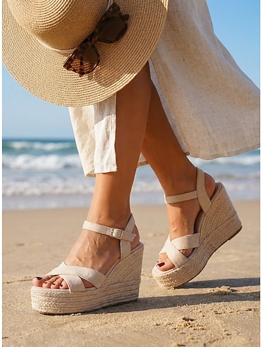  Espadrille sleehak sandalen voor dames, beige platform hoge hakken met gekruiste bandjes, perfect voor strandvakanties, resortreizen, zomerfeesten en bruiloften.