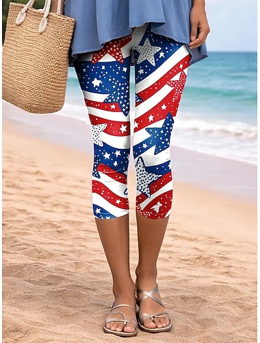  leggings da donna per il giorno dell'indipendenza americana, stile vintage, capri, vita alta, stampa grafica con bandiera, comfort, morbido, traspirante, elastico, casual, per tutti i giorni, ufficio,