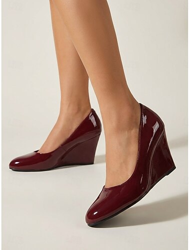  Scarpe da donna comode con zeppa bordeaux - scarpe eleganti retrò con punta arrotondata in pelle verniciata lucida, perfette per l'ufficio. &abbigliamento casual da lavoro