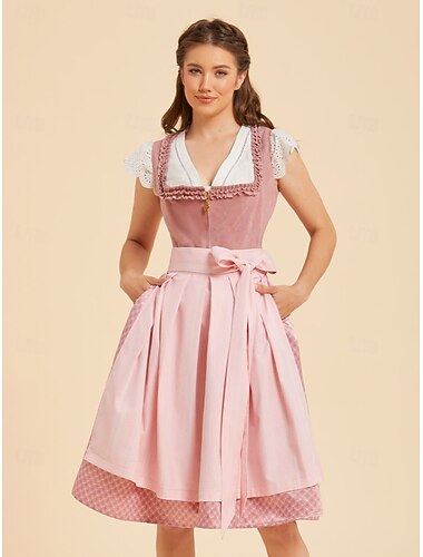  Oktoberfest Robe Dirndl Longueur midi avec poches Décolleté balconnet Femme de ménage Bavarois Allemand Alpin Prairies Femmes Carnaval Fête de la Bière Tissu de style traditionnel (65 cm) Sans