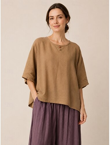  Blusa feminina de linho orgânico com gola redonda e mangas curtas