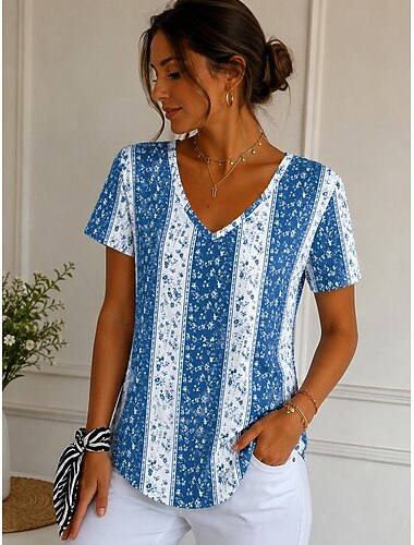  Pasqua Per donna Maglietta Stampato Floreale Grafico Piante Elegante Classico Casual Manica Corta Scollo a V Top lunghi Casuale Quotidiano Blu Blu marino Viola Estate Primavera