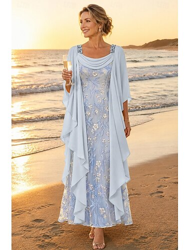  A-lijn Tot de enkel Kanten jurk Moeder van de bruid jurk Lange mouw Ronde hals Elegant Vintage Formeel Bruiloft gast Bruiloft Chiffon Kant met Geplooid Borduurwerk Gelaagde ruches