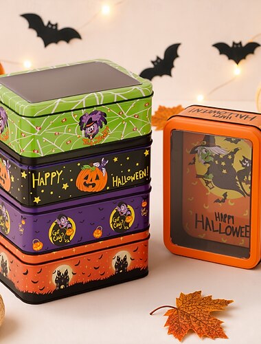  Halloween-hekse-gresskar-blikkboks med klart lokk, metallbeholder til oppbevaring av godteri og kjeks, dekorativ godbitboks til festgaver, snacks, små gaver og halloween-dekorasjoner