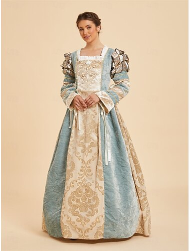  Retro vintage Middeleeuws Renaissance Tot de grond Jurken Toga Lange Mouwen Prinses Borgia Edelvrouw Jacquard Veters Vierkante hals Kostuum Dames Koninklijk Halloween Carnaval Renaissance beurs LARP