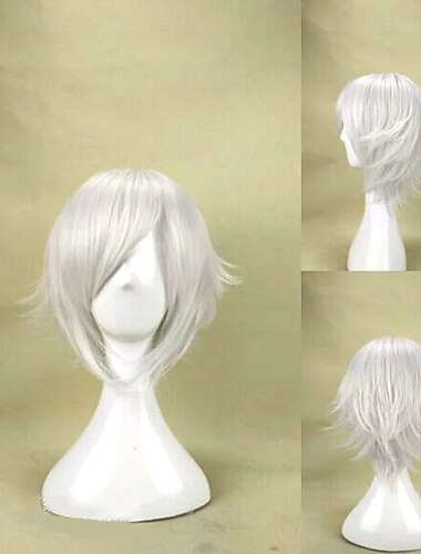 Parrucca sintetica corta a strati color argento/bianco con frangia, ideale per cosplay, accademia di magia e costumi fantasy.