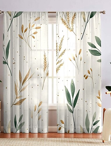  Elegante, transparente Fenstergardinen mit Schleifenmuster und floralem Print, Voile-Vorhänge mit Blumen-, Pflanzen- und Blattmuster für Schlaf- und Wohnzimmer, lichtdurchlässig