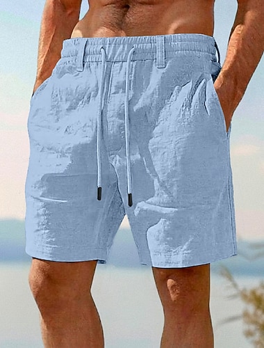  Herre Shorts Lin Shorts Sommershorts Strandshorts Snorer Elastisk midje عادي Komfort Pustende Knelengde Avslappet Daglig utendørs Ferie Mote Blå Hvit Uelastisk