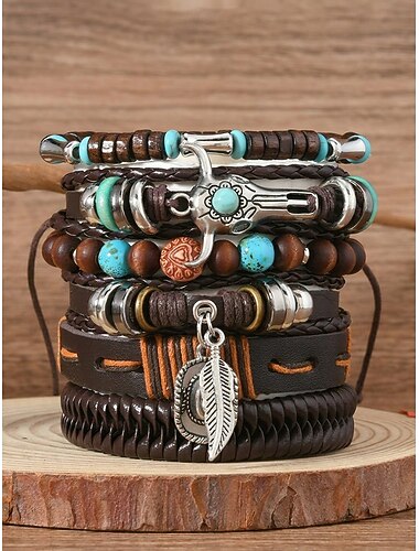  Herenset van 6 boho gelaagde armbanden met houten kralen &Armbanden met een bedeltje in de vorm van een stierenkop van legering met veren, westerse sieraden voor casual gebruik, reizen, festivals,
