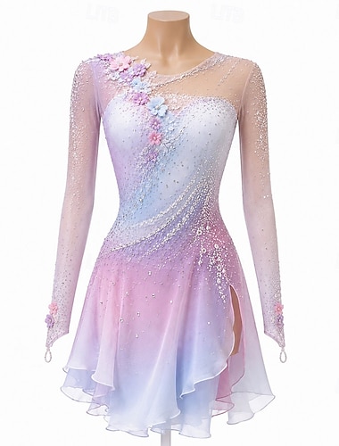  Eiskunstlaufkleid Damen Eislaufen Kleid Rosa Patchwork Asymmetrischer Saum Dehnbar Training Wettbewerb Eiskunstlaufkleidung Klassisch Kristall / Strass Langarm Eislaufen Eiskundstlauf