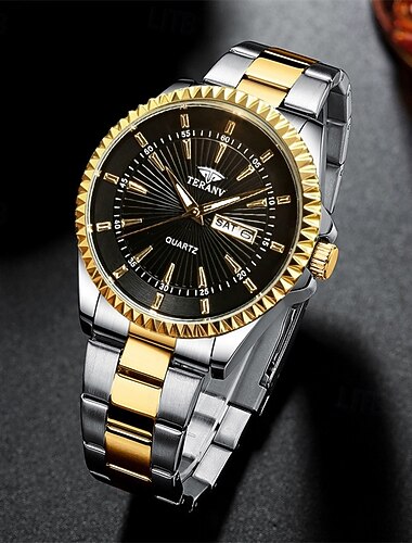  Teranv luxe quartzhorloge voor heren, tweekleurig goud/zilver, roestvrij staal, analoog, elegant horloge met dag- en datumweergave, geribbelde lunette, zakelijk casual polshorloge voor mannen