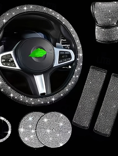  Ensemble d'accessoires de voiture bling-bling pour femmes, 8 pièces de décoration intérieure en strass : couvre-volant scintillant de 15 pouces, couvre-ceintures de sécurité en cristal, couvre-levier