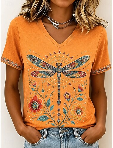  Dames T-shirt Afdrukken Grafisch dier Modieus Stijlvol Casual Korte mouw V-hals Normale tops Casual Dagelijks Uitgaan Blozend Roze Paars Oranje Zomer Lente