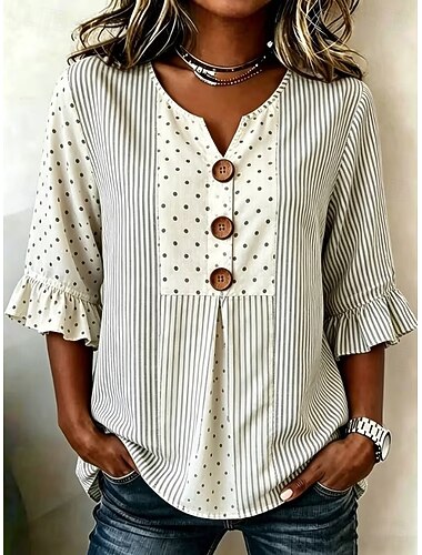  Per donna Camicia Patchwork Bottoni Stampato Ombre Grafico Vintage Elegante Manica 3/4 Scollo a V Top lunghi Casuale Quotidiano Ferie Blu Marrone Beige Grigio Estate Primavera