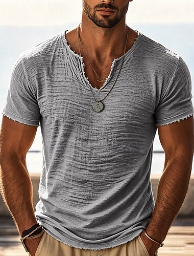  男性用 Tシャツ リネンTシャツ 半袖 Ｖネック 夏 春 純色 テクスチャード加工 旅行度假风 ヴィンテージ スポーツ ナチュラルエッジ カジュアル 家 アウトドア ホワイト ブラック グレー メンズトップTシャツ