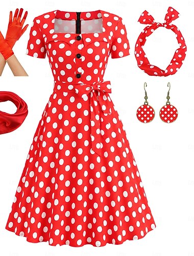  Zestaw Lata 50. Retro / vintage Rockabilly Południe Sukienka Rękawiczki Naszyjniki z akcesoriami Krótkie rękawy Dopasowany i rozkloszowany Groszki Obcisła i rozszerzona Kwadratowy dekolt Strój na bal