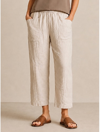  Damesbroek van 100% Europees linnen, middelhoge taille, lange broek met zakken, elastische tailleband, vintage resort casual, blauw-wit-khaki