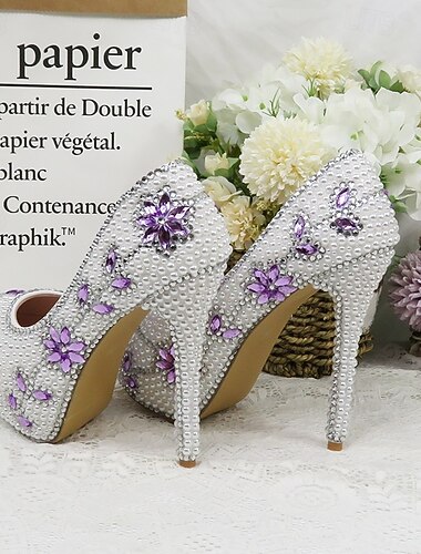  scarpe da festa da donna, da sposa, con applicazioni geometriche, tacco a spillo, punta tonda, eleganti, vintage, alla moda, in pizzo, slip-on, bianche