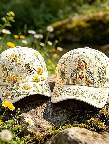  3D digitaltrykk baseballcaps for kvinner og menn, estetisk grafisk pappahatt med blomstermotiver, bie, kolibri, kardinal Jesus, justerbar utendørs solhatt, levende kunstnerisk kristen gave