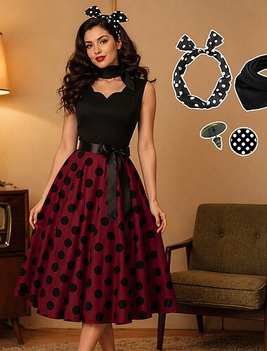  1950 Retro / vintage rockabilly Rochie leagăn Rochie Flare Buline Costume de fancy Pentru femei Petrecere / Seara Petrecerea Burlăcițelor Adulți Rochie Cordeluțe Rochii de acasă