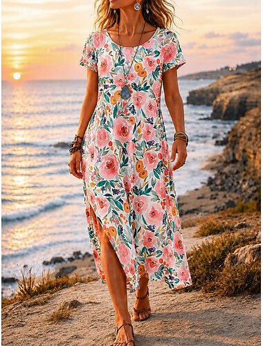  Damen Midikleid A Linie Kleid Lässig Strand Normale Passform Blumen Grafik Kurzarm Rundhalsausschnitt Blau Weiß Rosa Rote Sommer Frühling