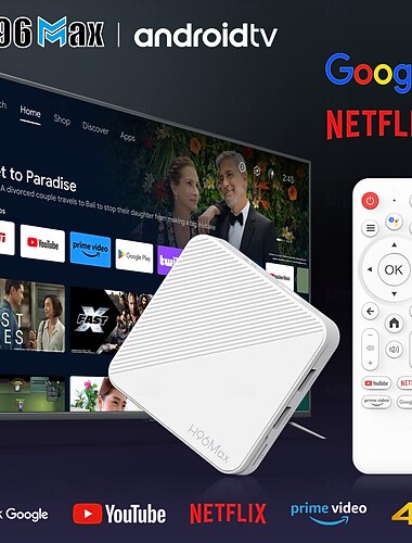  H96 Max Android TV Box com 2 GB de RAM, 16 GB de ROM, resolução 4K Ultra HD, reprodutor de mídia inteligente com streaming, controle remoto por voz com Google Assistente, compatível com Netflix,