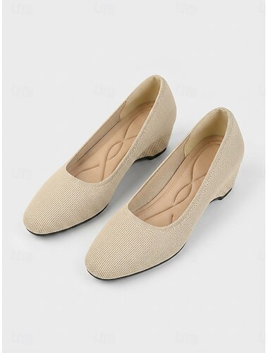  Aprikosenfarbene Damen-Keilschuhe – beigefarbene, atmungsaktive Slipper aus Mesh-Strick für Büro, Alltag und zum Gehen