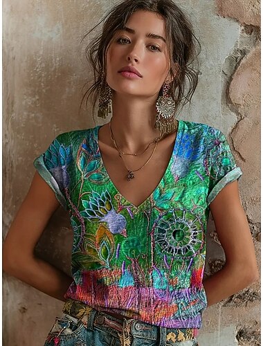  Per donna Maglietta Stampato Floreale Grafico Elegante Classico Casual Manica Corta Scollo a V Top Regolari Casuale Quotidiano Blu Giallo Rosso Viola Verde Estate Primavera