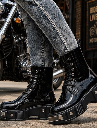  Botas de moto con plataforma para hombre: botas de combate resistentes con cordones para motociclistas, conciertos de rock, moda urbana y estilo de vida nocturno.