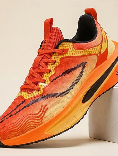  Tênis de corrida masculino amarelo e laranja, tênis esportivo com cadarço, tênis leve e com amortecimento para academia, uso urbano e atividades ao ar livre.