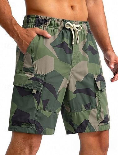  Per uomo Pantaloncini cargo leggeri Vita comoda Carico tattico Shorts Pantaloncini casual Coulisse Elastico in vita Multi-tasche Mimetico Asciugatura Rapida Lunghezza al ginocchio Casuale All'aperto