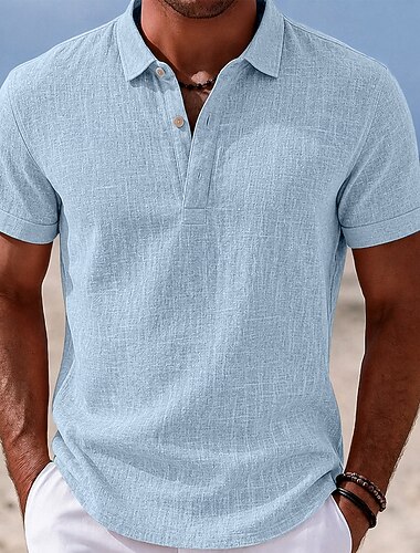  Homens Camisa de linho Camisas Polo Casual Férias Clássico Manga Curta Moda Côr Sólida Tecido Leve Botões Verão Primavera Azul Branco Preto Azul Marinha Marron Verde Camisa de linho