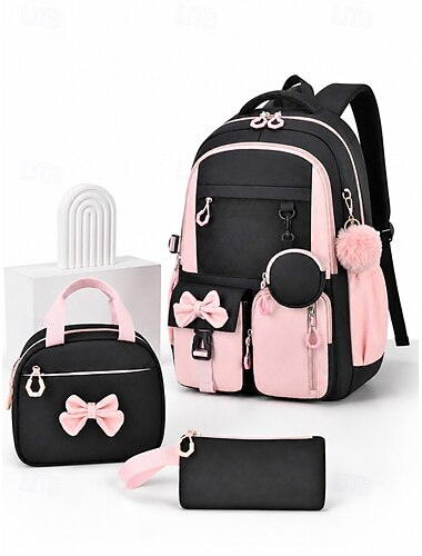  Conjunto de mochila escolar feminina com 3 peças e lancheira. &Estojo para lápis, mochila escolar grande com vários bolsos, feita de poliéster resistente à água, alça para mala de viagem, bolso