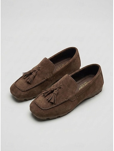  Damesloafers van imitatie suède in camelkleur met kwastjes – klassieke instappers met vierkante neus en flexibele comfortzool, lichtgewicht platte schoenen voor casual werk, reizen en dagelijks