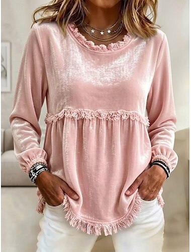  damebluse med fløyelsfrynser og rund hals, lange ermer, peplum-tunika med frynsete kanter, løs, flagrende, avslappet bluse