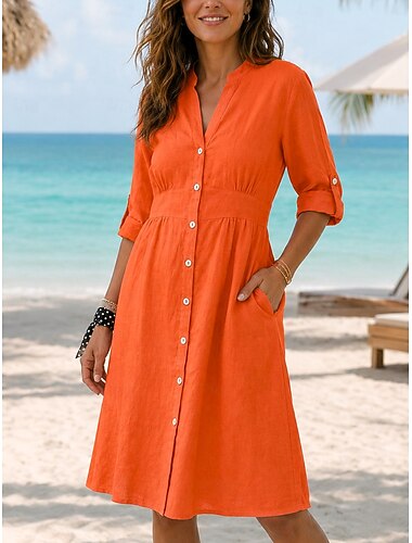  Dam Knälång klänning Klänningar i bomullslinne Skjortklänning Elegant Semester Klassisk Dagligen Kontor Semester Normal Slät Långärmad V-hals Rubinrött Marinblå Orange Sommar Vår