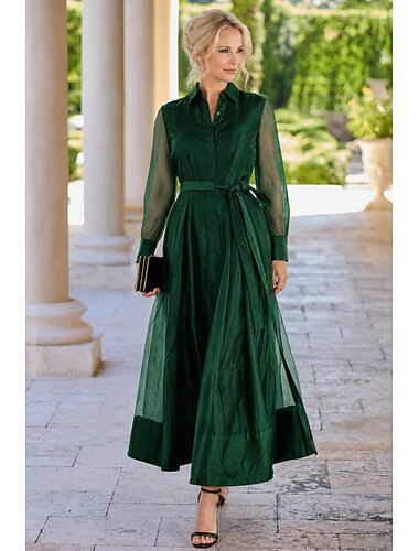  A-linje Golvlång Festklänning Cocktail klänning Bröllopsgästklänning Klänning till brudens mor Långärmad Tröjkrage Elegant Enkel minimalist Formell Bröllopsgäst Organza med Bälte / band