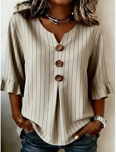  Mulheres Camisa Social Patchwork Botões Imprimir Gráfico Listrado Vintage à moda Manga Curta Manga 3/4 Decote V Tops curtos Casual Diário Feriado Azul Cáqui Preto Verão Primavera