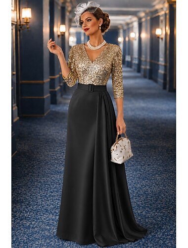  A-Linie Bodenlang Ballkleid mit Cape Abendkleid Elegant Glitzernd seidig Dreiviertelarm V Ausschnitt Hochzeit Formell Satin Paillettenbesetzt mit Glitzer Falten Paillette
