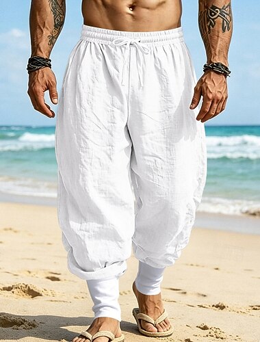  Herren Leinenhosen Hose Sommerhose Baggy-Hosen Strandhose Kordelzug Elastischer Bund Einfach Komfort Atmungsaktiv Volle Länge Lässig Täglich Ferien Urlaub Mode Blau Khaki Unelastisch