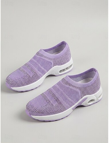  Lilla slip-on-sneakers med strassdetaljer til dame – pustende, luftputeformede sportssko med lett, støtdempende såle for reiser, trening og hverdagskomfort