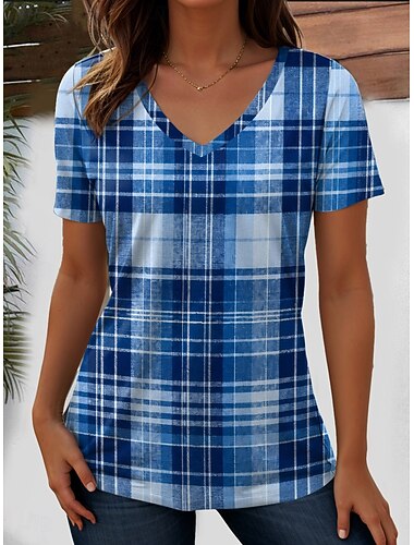  Dames T-shirt Afdrukken Grafisch Ruitjes Gestreept Stijlvol Klassiek Casual Korte mouw V-hals Normale tops Casual Dagelijks blauw Blozend Roze Oranje Groen Zomer Lente