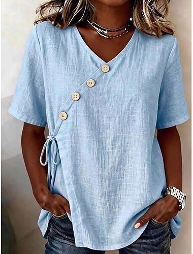  Mulheres Camisa Social camisa Boho Túnica Côr Sólida Elegante Boêmia Férias Casual Diário Para Noite Azul Azul Escuro Bege Verão Primavera