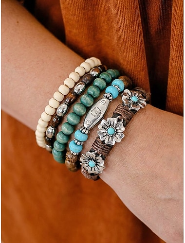  Dame bohemsk armbåndsett med 5 lag, legering &Turkise armbånd med treperler og blomstermansjett i lær, gave til sommerferiesmykker