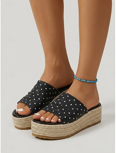  Sandali espadrillas da donna con plateau a pois - pantofole nere vintage con plateau a fascia larga arricciata per vacanze in crociera e feste sul ponte &resort